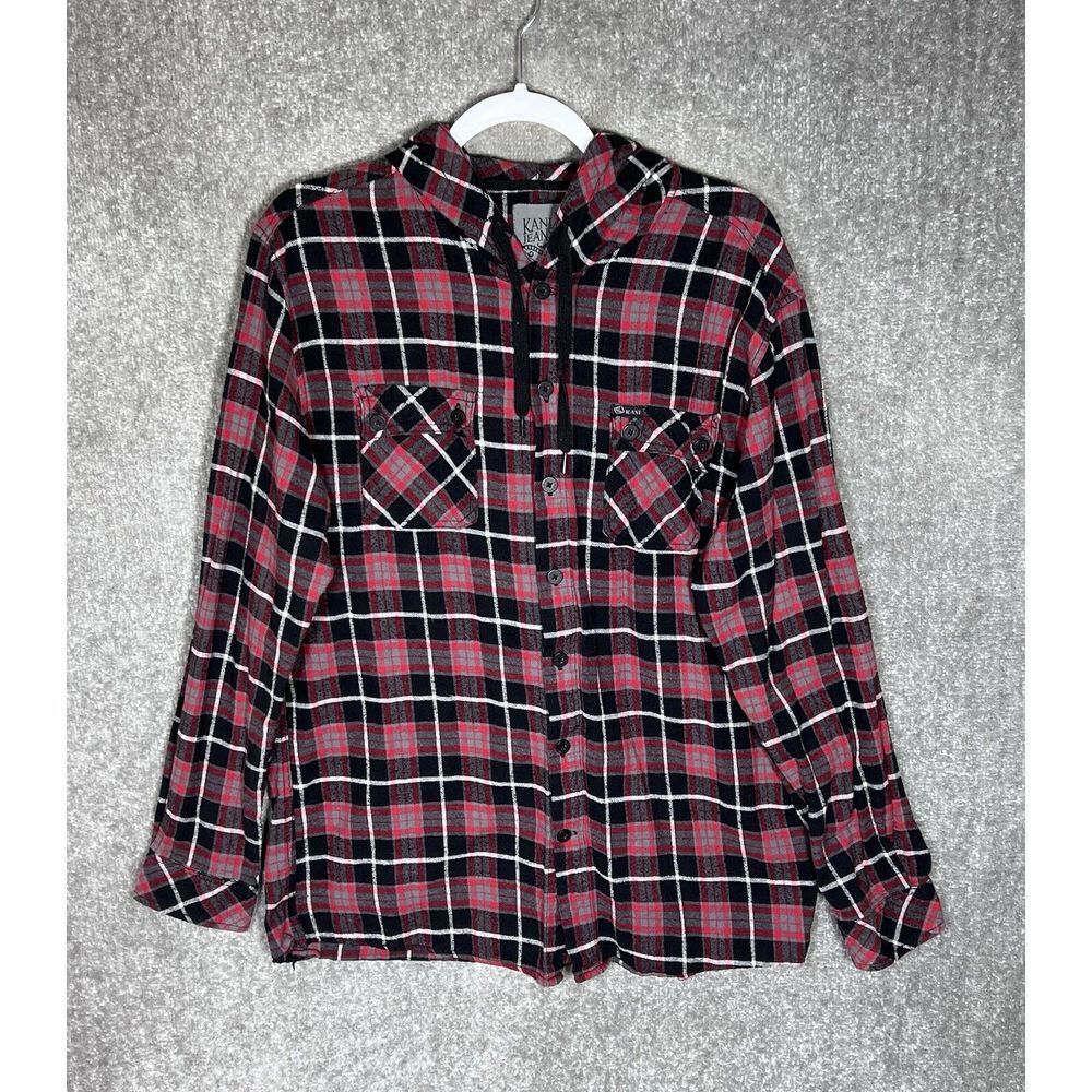 Kani Jeans 89 Hooded Flannel Button Up Shirt Mens Size Large Red Black Plaid